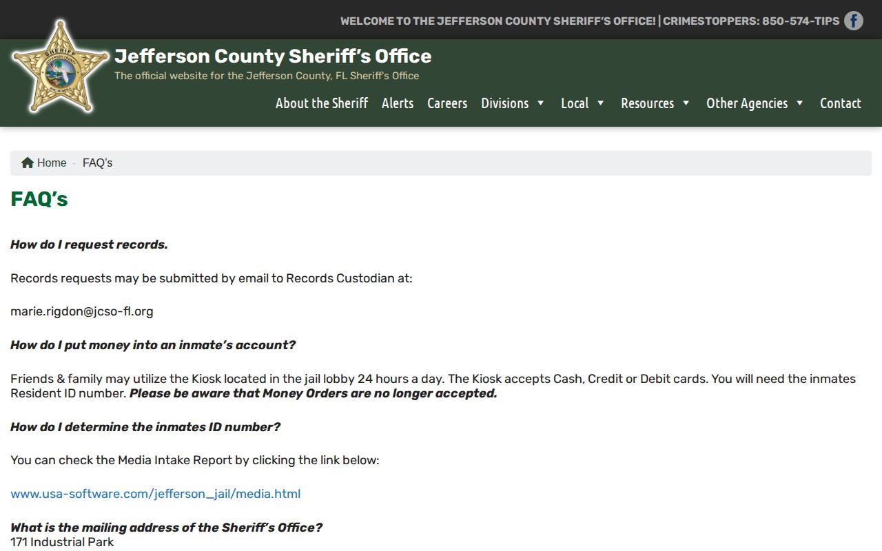 Jefferson County Sheriff FAQ with legacy media intake reference