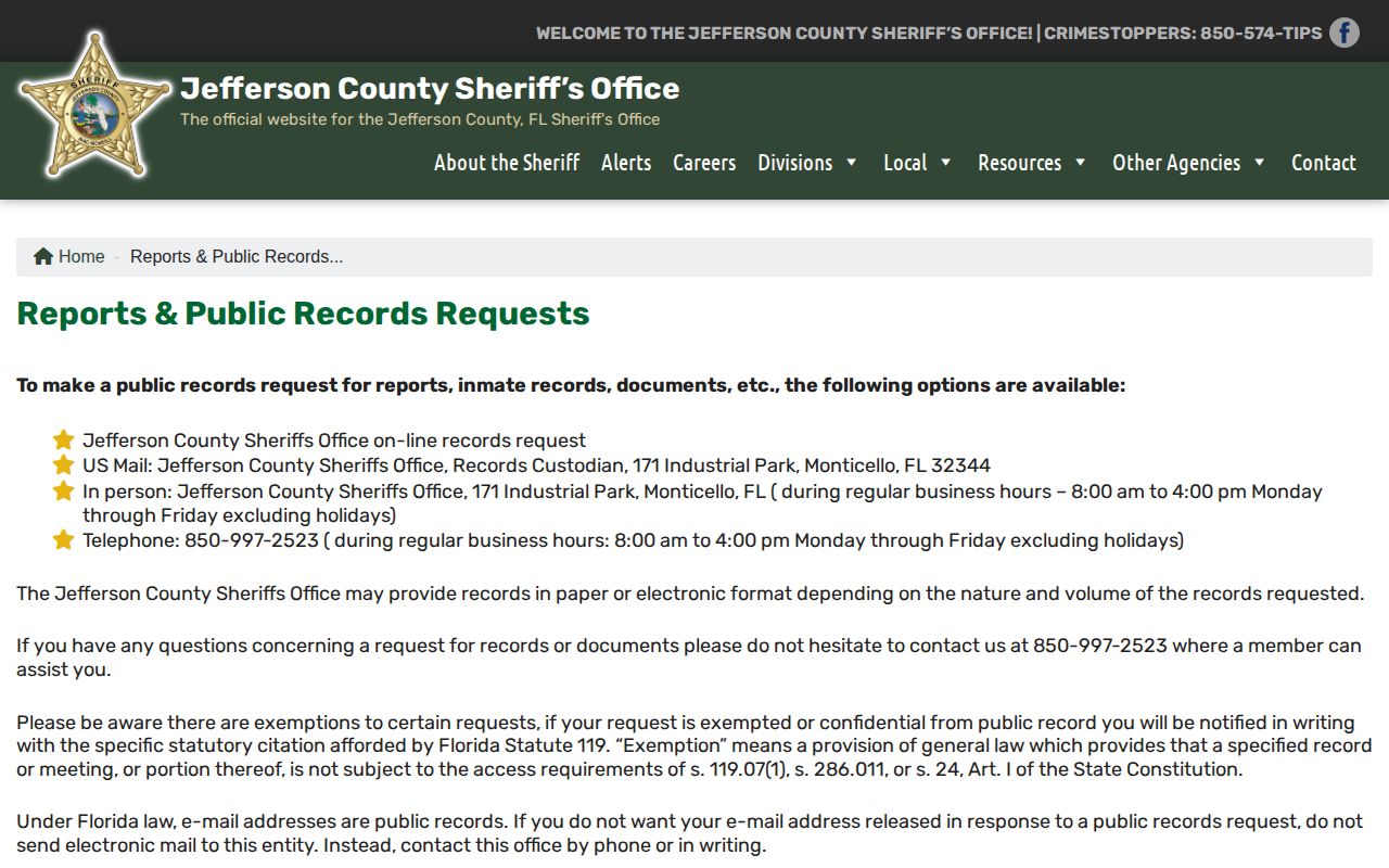 Jefferson County arrest record and booking photo request page