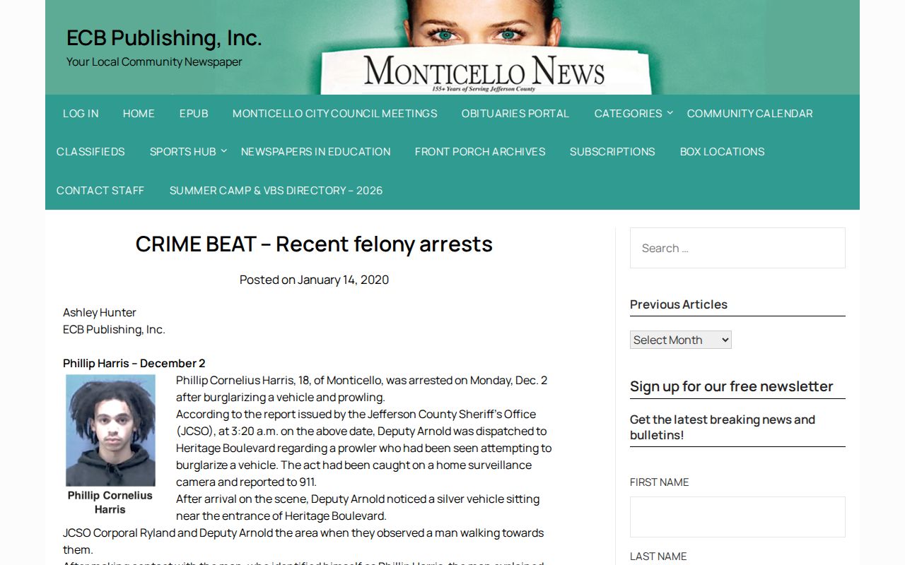 ECB Publishing Crime Beat local arrest-summary article
